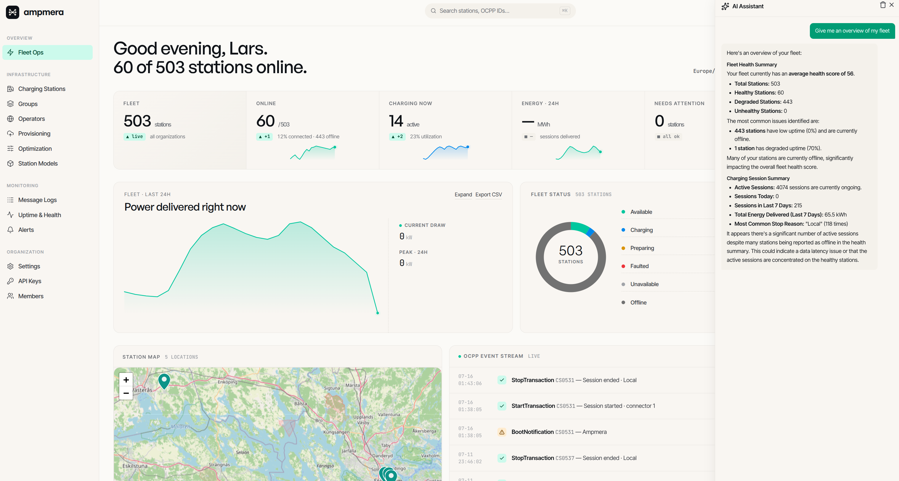Ampmera Fleet Ops dashboard showing real-time power delivery, fleet status and AI assistant