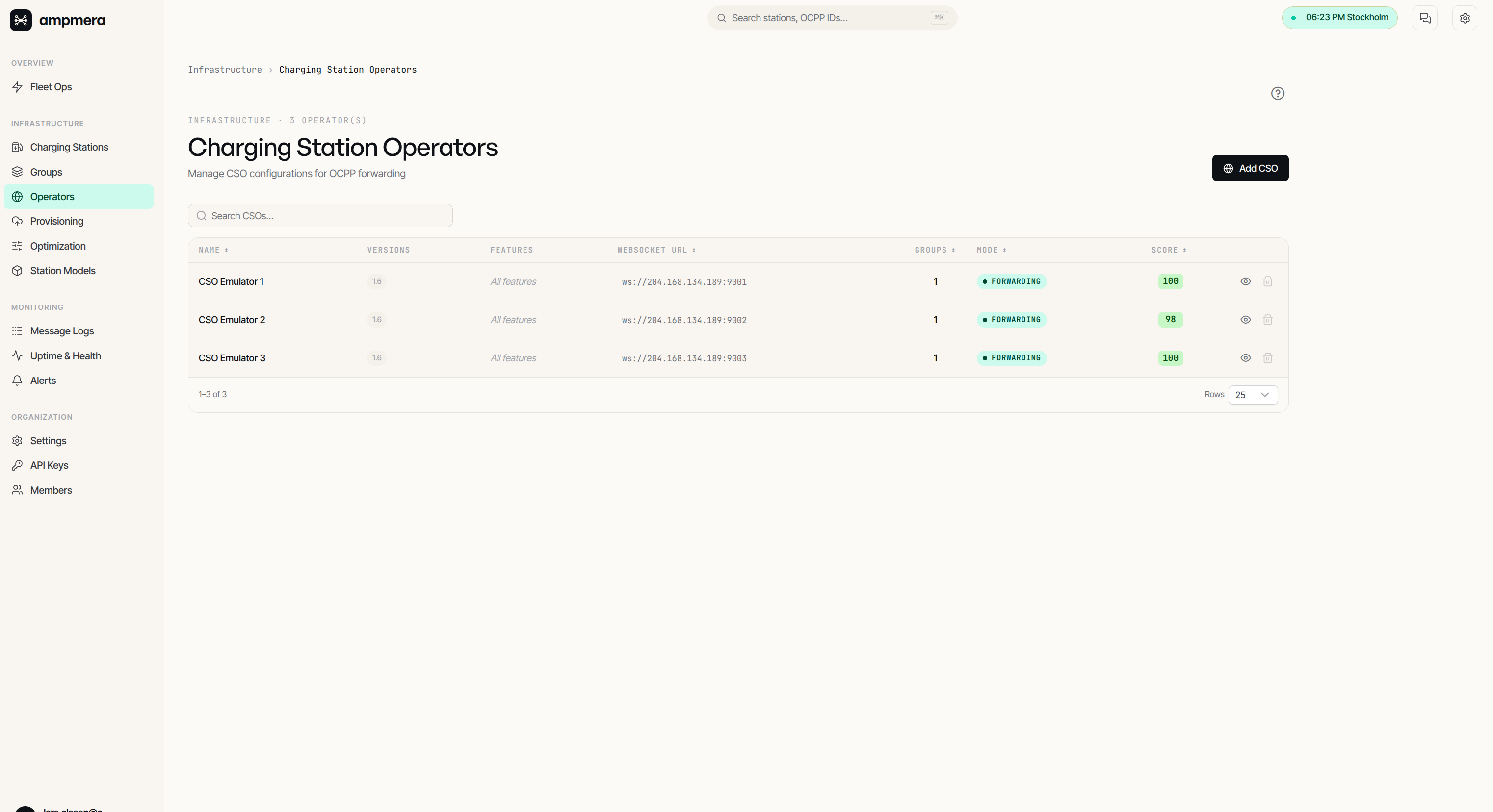 Ampmera charging station operators list with forwarding mode and health scores
